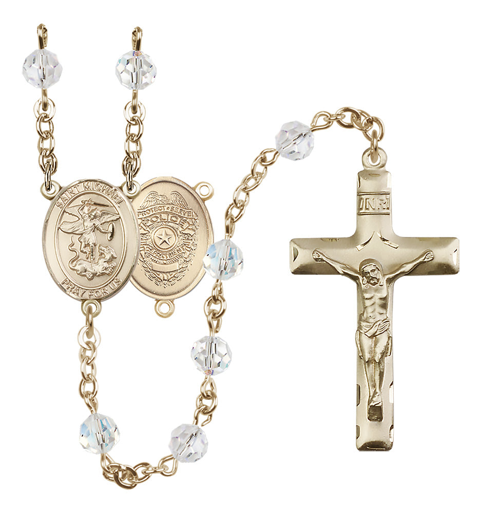 Bliss Police Officers St Michael 14kt Gold 6mm Austrian Crystal Rosary