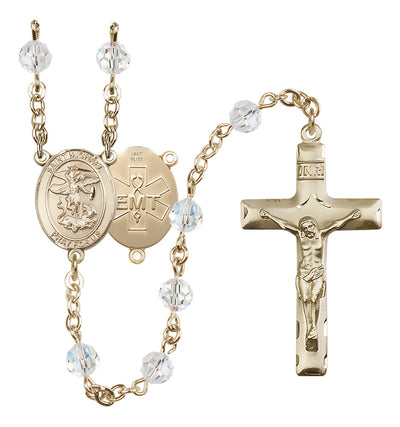 EMT 14kt Gold 6mm Garnet Austrian Crystal beads with a traditional crucifix rosary and St. Michael centerpiece with EMT symbol on back, Bliss Manufacturing