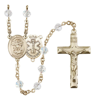 St. Michael 1st Responder Set In 14kt Gold With Birthstone 6mm Austrian Crystal Emerald Beads For May, Bliss Manufacturing