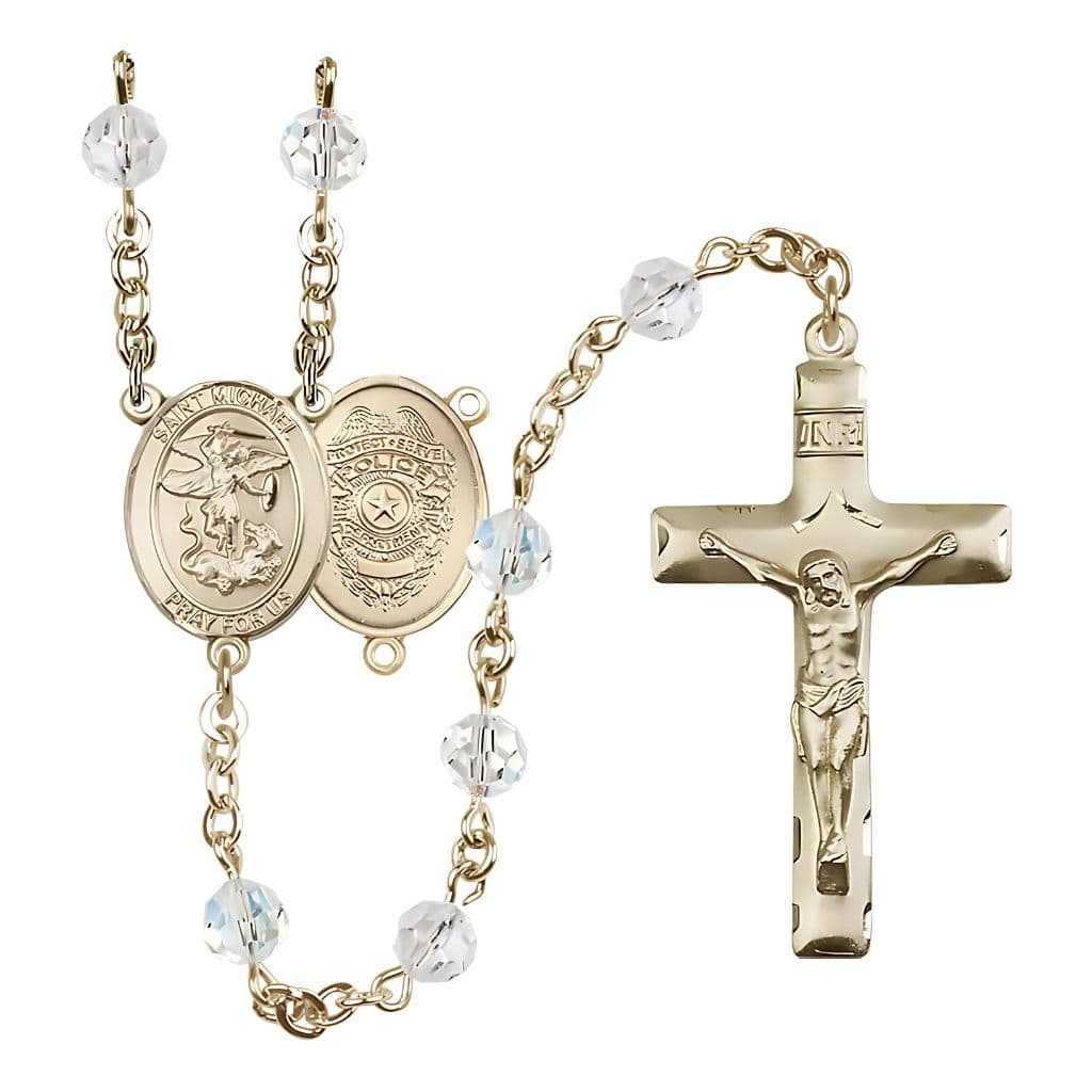 Bliss St. Michael with Police Officers Shield Birthstone 14kt Gold Rosary with Clear 6mm Austrian Crystal Beads with a Traditional Crucifix