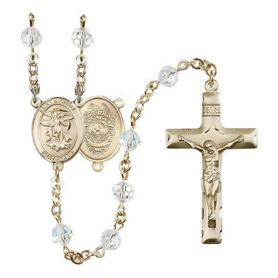 EMT 14kt Gold 6mm Garnet Austrian Crystal beads with a traditional crucifix rosary and St. Michael centerpiece with Police Officer shieldl on back, Bliss Manufacturing