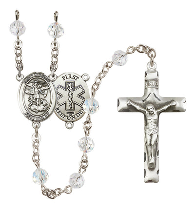 St. Michael 1st Responder Set In Sterling Silver With Birthstone 6mm Austrian Crystal Emerald Beads For May, Bliss Manufacturing