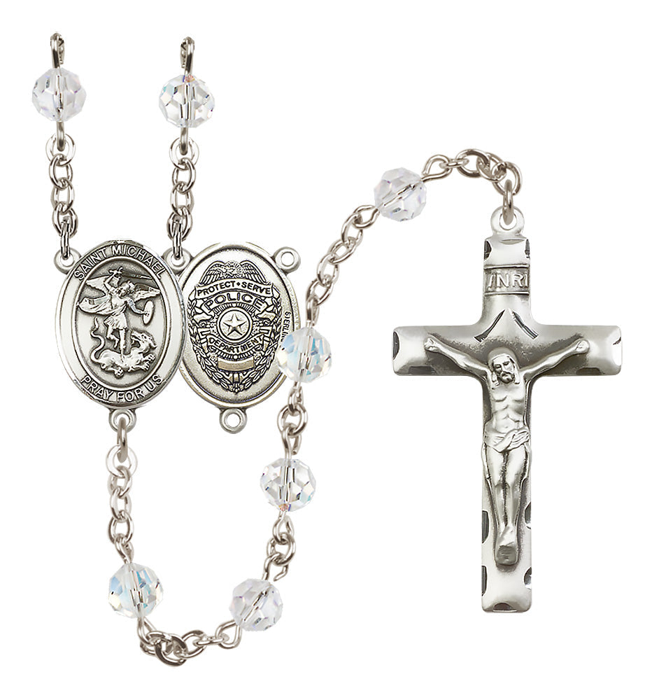 Bliss St Michael Police Officers Sterling Silver 6mm Austrian Crystal Rosary -12 Colors