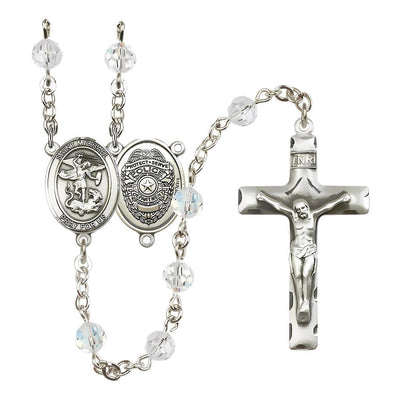 EMT Sterling Silver 6mm Austrian Crystal beads with a traditional crucifix rosary and St. Michael centerpiece with Police Officer shieldl on back, Bliss Manufacturing