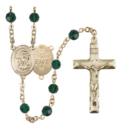 EMT 14kt Gold-filled 6mm Light Amethyst Austrian Crystal beads with a traditional crucifix rosary and St. Michael centerpiece with EMT symbol on back in Emerald, Bliss Manufacturing