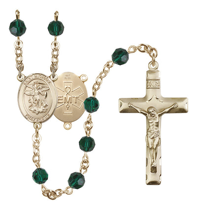 EMT 14kt Gold 6mm Emerald Austrian Crystal beads with a traditional crucifix rosary and St. Michael centerpiece with EMT symbol on back, Bliss Manufacturing