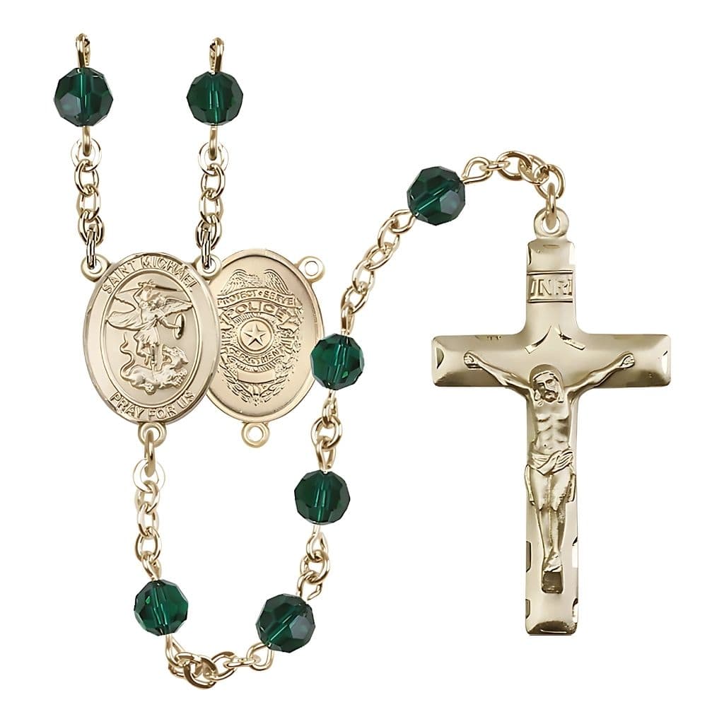Bliss St. Michael with Police Officers Shield Birthstone 14kt Gold Rosary with Emerald 6mm Austrian Crystal Beads with a Traditional Crucifix