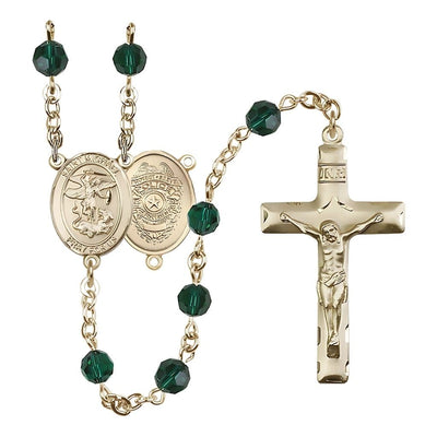 EMT 14kt Gold 6mm Emerald Austrian Crystal beads with a traditional crucifix rosary and St. Michael centerpiece with Police Officer shieldl on back, Bliss Manufacturing
