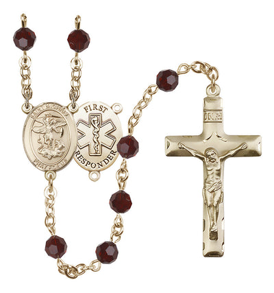 St. Michael 1st Responder Set In 14kt Gold-Filled With Birthstone 6mm Austrian Crystal Amethyst Beads For February in Garnet, Bliss Manufacturing