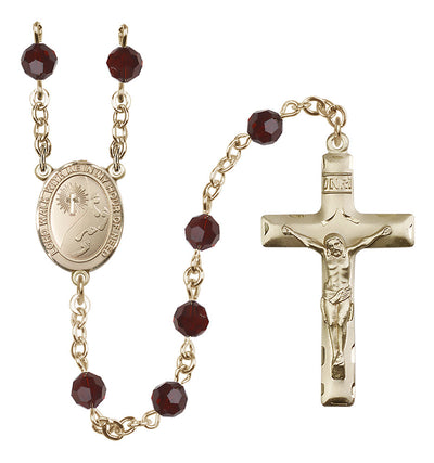 Footprints Gold-filled 6mm Austrian Crystal Rosary with Amethyst Beads in Garnet, Bliss Manufacturing