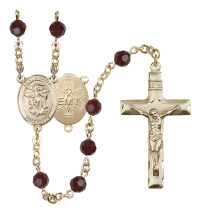 EMT 14kt Gold 6mm Amethyst Austrian Crystal beads with a traditional crucifix rosary and St. Michael centerpiece with EMT symbol on back in Garnet, Bliss Manufacturing