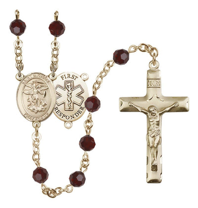 St. Michael 1st Responder Set In 14kt Gold With Birthstone 6mm Austrian Crystal Amethyst Beads For February in Garnet, Bliss Manufacturing