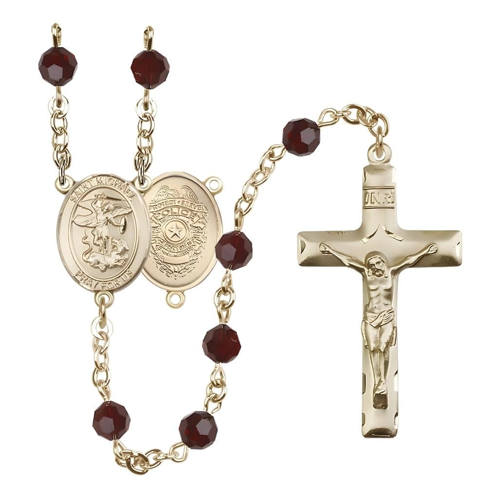 Bliss St. Michael with Police Officers Shield Birthstone 14kt Gold Rosary with Garnet 6mm Austrian Crystal Beads with a Traditional Crucifix