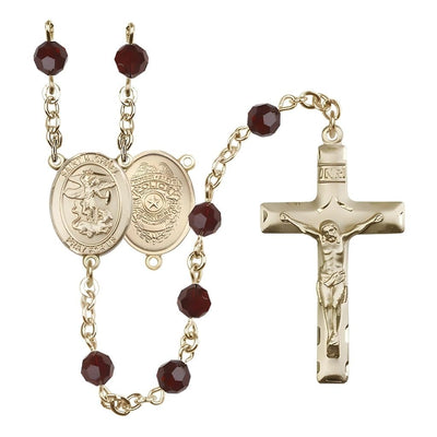 EMT 14kt Gold 6mm Amethyst Austrian Crystal beads with a traditional crucifix rosary and St. Michael centerpiece with Police Officer shieldl on back in Garnet, Bliss Manufacturing