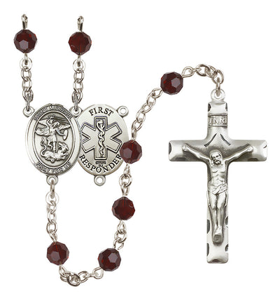 St. Michael 1st Responder Set In Sterling Silver With Birthstone 6mm Austrian Crystal Amethyst Beads For February in Garnet, Bliss Manufacturing