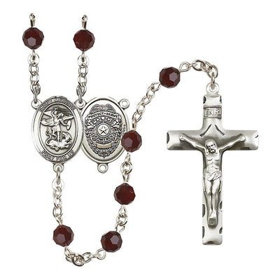 EMT Sterling Silver 6mm Garnet Austrian Crystal beads with a traditional crucifix rosary and St. Michael centerpiece with Police Officer shieldl on back, Bliss Manufacturing