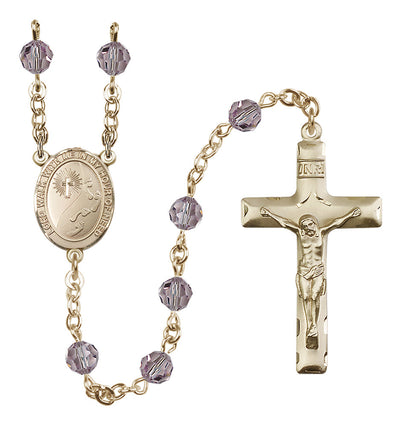 Footprints Gold-filled 6mm Austrian Crystal Rosary with Ruby Beads in Light Amethyst, Bliss Manufacturing
