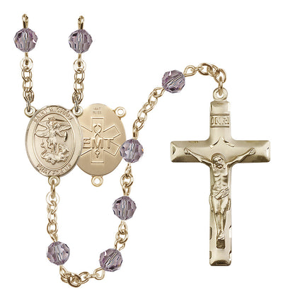 EMT 14kt Gold 6mm Light Amethyst Austrian Crystal beads with a traditional crucifix rosary and St. Michael centerpiece with EMT symbol on back, Bliss Manufacturing