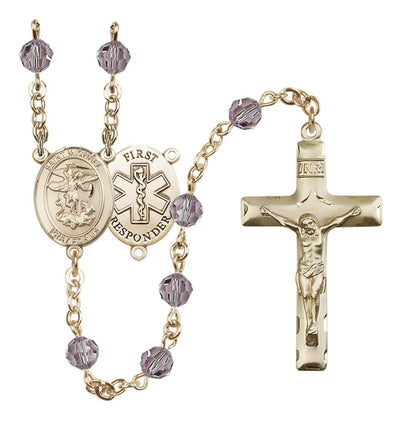 St. Michael 1st Responder Set In 14kt Gold With Birthstone 6mm Austrian Crystal Ruby Beads For July in Light Amethyst, Bliss Manufacturing