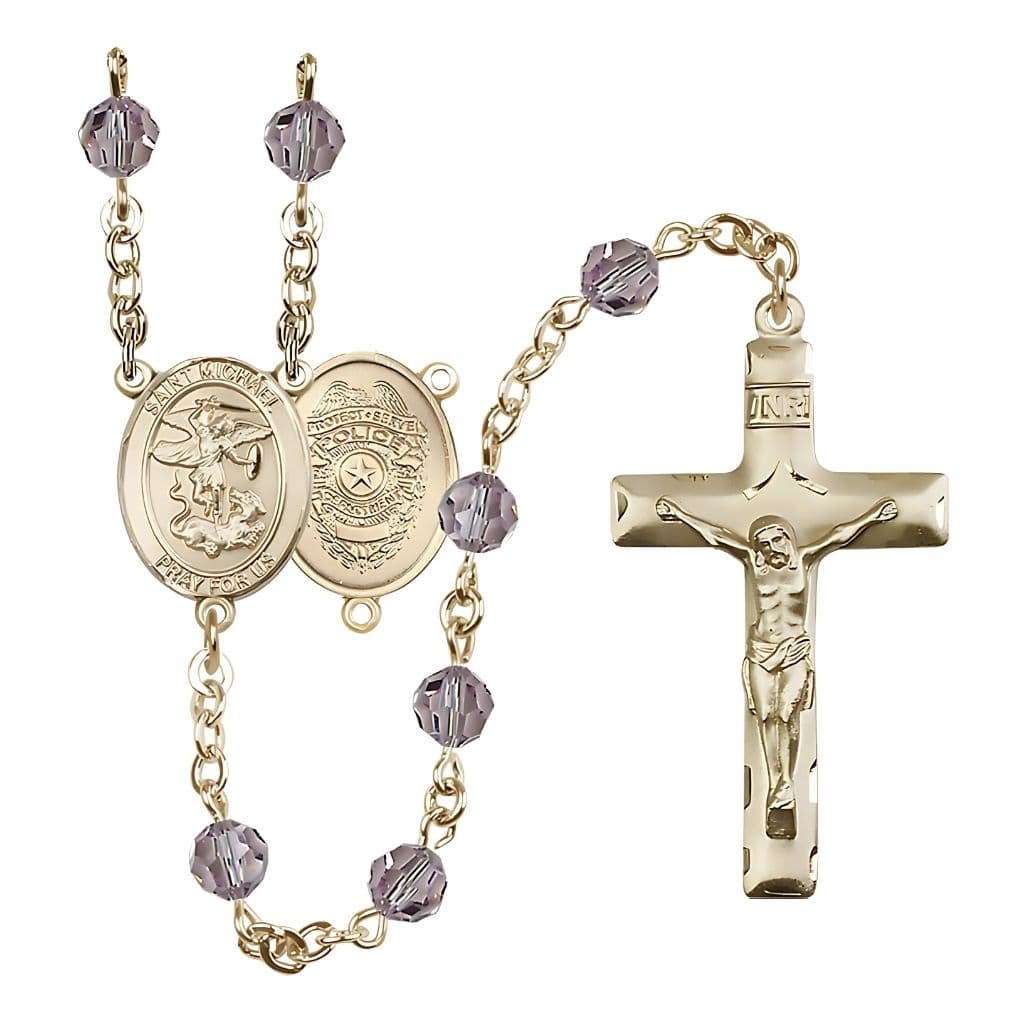 Bliss St. Michael with Police Officers Shield Birthstone 14kt Gold Rosary with Light Amethyst 6mm Austrian Crystal Beads with a Traditional Crucifix