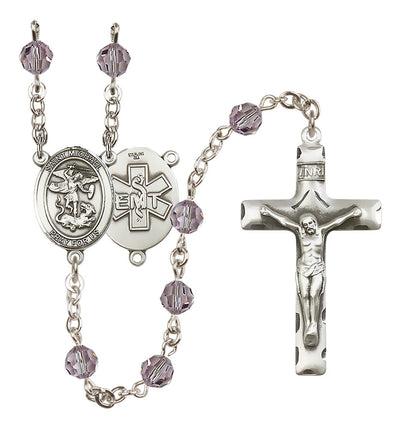 EMT Sterling Silver 6mm Light Amethyst Austrian Crystal beads with a traditional crucifix rosary and St. Michael centerpiece with EMT symbol on back, Bliss Manufacturing