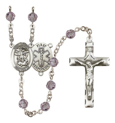 St. Michael 1st Responder Set In Sterling Silver With Birthstone 6mm Austrian Crystal Light Amethyst Beads For June, Bliss Manufacturing