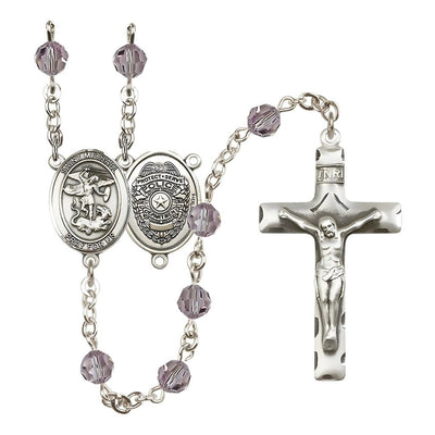 EMT Sterling Silver 6mm Light Amethyst Austrian Crystal beads with a traditional crucifix rosary and St. Michael centerpiece with Police Officer shieldl on back, Bliss Manufacturing