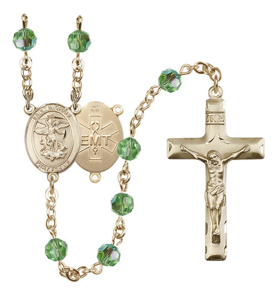 EMT 14kt Gold 6mm Peridot Austrian Crystal beads with a traditional crucifix rosary and St. Michael centerpiece with EMT symbol on back, Bliss Manufacturing