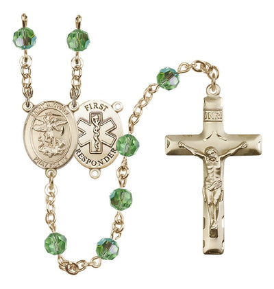 St. Michael 1st Responder Set In 14kt Gold With Birthstone 6mm Austrian Crystal Peridot Beads For August, Bliss Manufacturing
