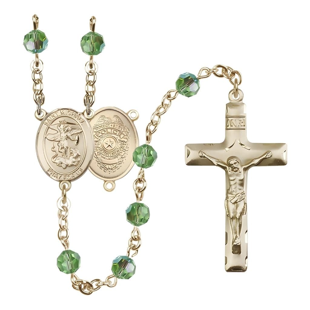 Bliss St. Michael with Police Officers Shield Birthstone 14kt Gold Rosary with Peridot 6mm Austrian Crystal Beads with a Traditional Crucifix