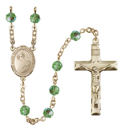 Footprints 14kt Gold 6mm Austrian Crystal Rosary with Peridot Beads, Bliss Manufacturing