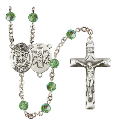 EMT Sterling Silver 6mm Peridot Austrian Crystal beads with a traditional crucifix rosary and St. Michael centerpiece with EMT symbol on back, Bliss Manufacturing
