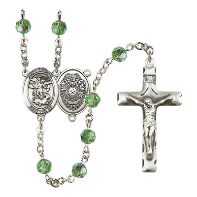 EMT Sterling Silver 6mm Peridot Austrian Crystal beads with a traditional crucifix rosary and St. Michael centerpiece with Police Officer shieldl on back, Bliss Manufacturing