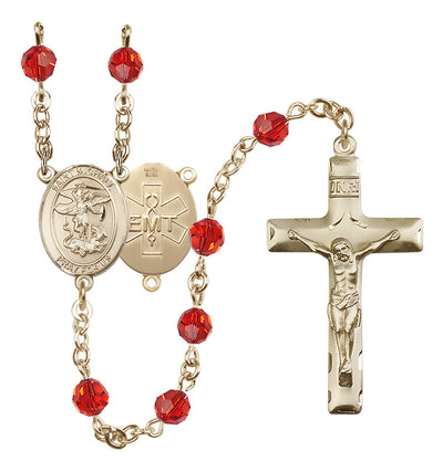 EMT 14kt Gold-filled 6mm Peridot Austrian Crystal beads with a traditional crucifix rosary and St. Michael centerpiece with EMT symbol on back in Ruby, Bliss Manufacturing