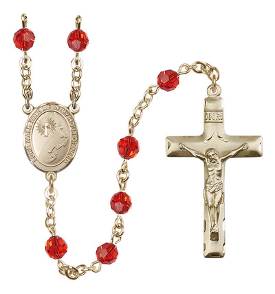 Footprints Gold-filled 6mm Austrian Crystal Rosary with Peridot Beads in Ruby, Bliss Manufacturing