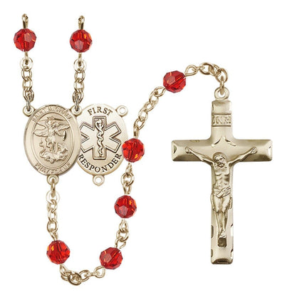 St. Michael 1st Responder Set In 14kt Gold With Birthstone 6mm Austrian Crystal Garnet Beads For January in Ruby, Bliss Manufacturing