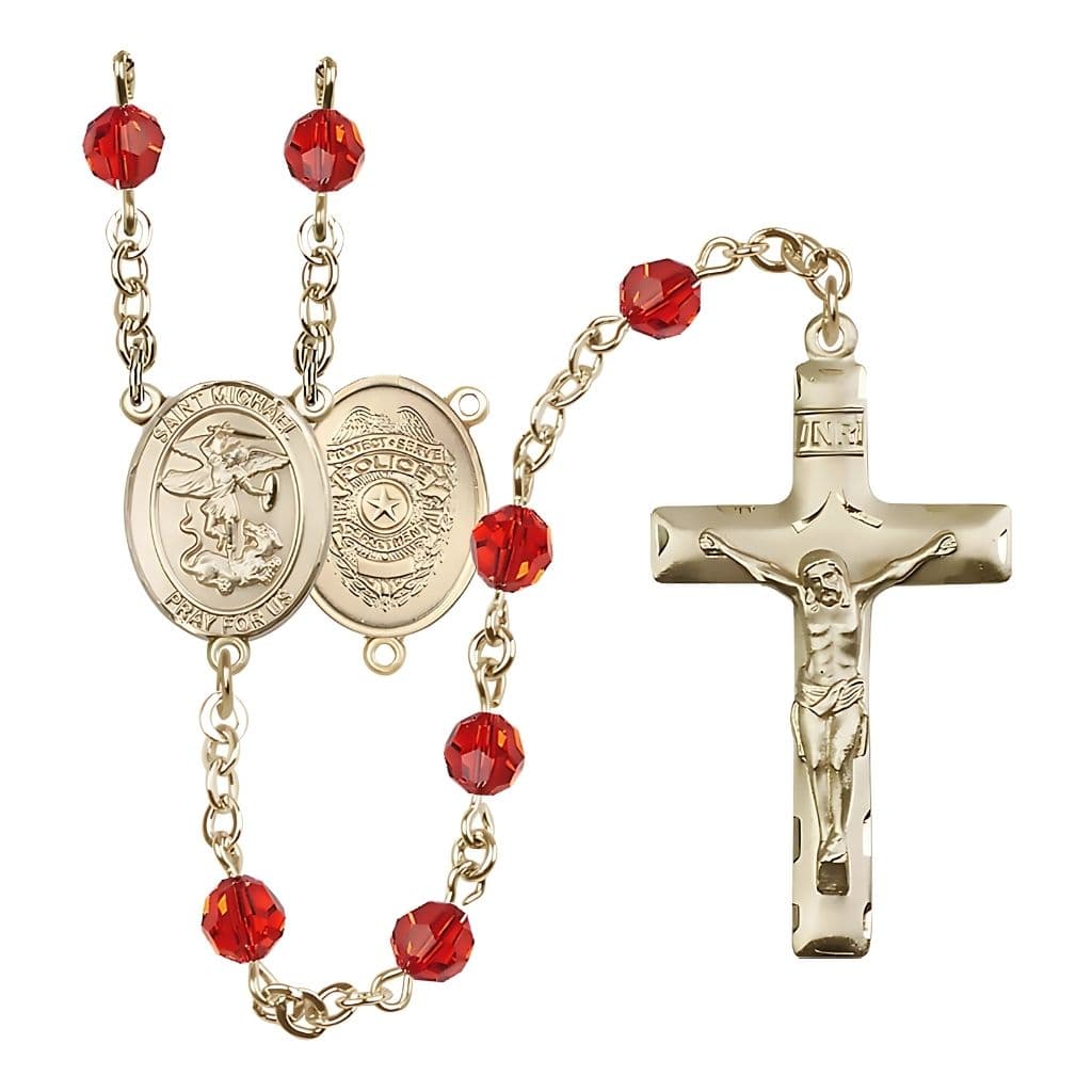 Bliss St. Michael with Police Officers Shield Birthstone 14kt Gold Rosary with Ruby 6mm Austrian Crystal Beads with a Traditional Crucifix