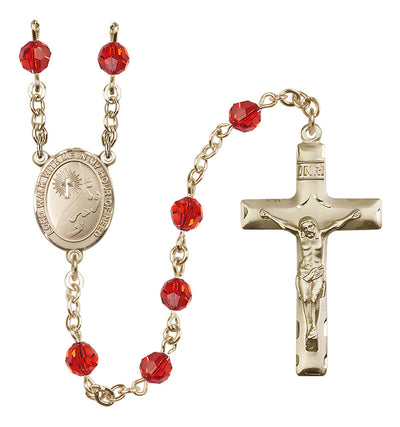 Footprints 14kt Gold 6mm Austrian Crystal Rosary with Ruby Beads, Bliss Manufacturing