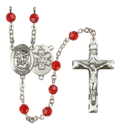EMT Sterling Silver 6mm Ruby Austrian Crystal beads with a traditional crucifix rosary and St. Michael centerpiece with EMT symbol on back, Bliss Manufacturing