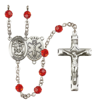 St. Michael 1st Responder Set In Sterling Silver With Birthstone 6mm Austrian Crystal Ruby Beads For July, Bliss Manufacturing