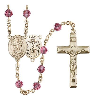 St. Michael 1st Responder Set In 14kt Gold-Filled With Birthstone 6mm Austrian Crystal Rose Beads For October, Bliss Manufacturing