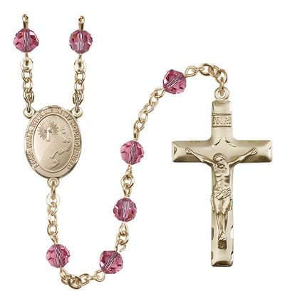 Footprints Gold-filled 6mm Austrian Crystal Rosary with Garnet Beads in Rose, Bliss Manufacturing