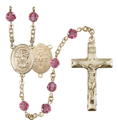 EMT 14kt Gold 6mm Rose Austrian Crystal beads with a traditional crucifix rosary and St. Michael centerpiece with EMT symbol on back, Bliss Manufacturing