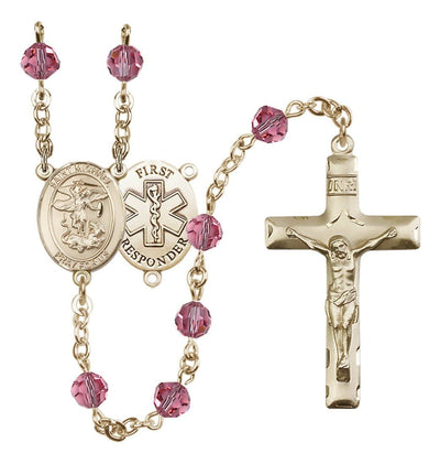 St. Michael 1st Responder Set In 14kt Gold With Birthstone 6mm Austrian Crystal Rose Beads For October, Bliss Manufacturing