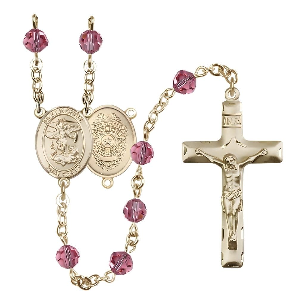Bliss St. Michael with Police Officers Shield Birthstone 14kt Gold Rosary with Rose 6mm Austrian Crystal Beads with a Traditional Crucifix