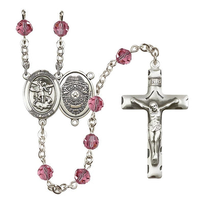 EMT Sterling Silver 6mm Rose Austrian Crystal beads with a traditional crucifix rosary and St. Michael centerpiece with Police Officer shieldl on back, Bliss Manufacturing