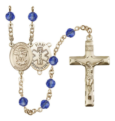 St. Michael 1st Responder Set In 14kt Gold With Birthstone 6mm Austrian Crystal Sapphire Beads For September, Bliss Manufacturing