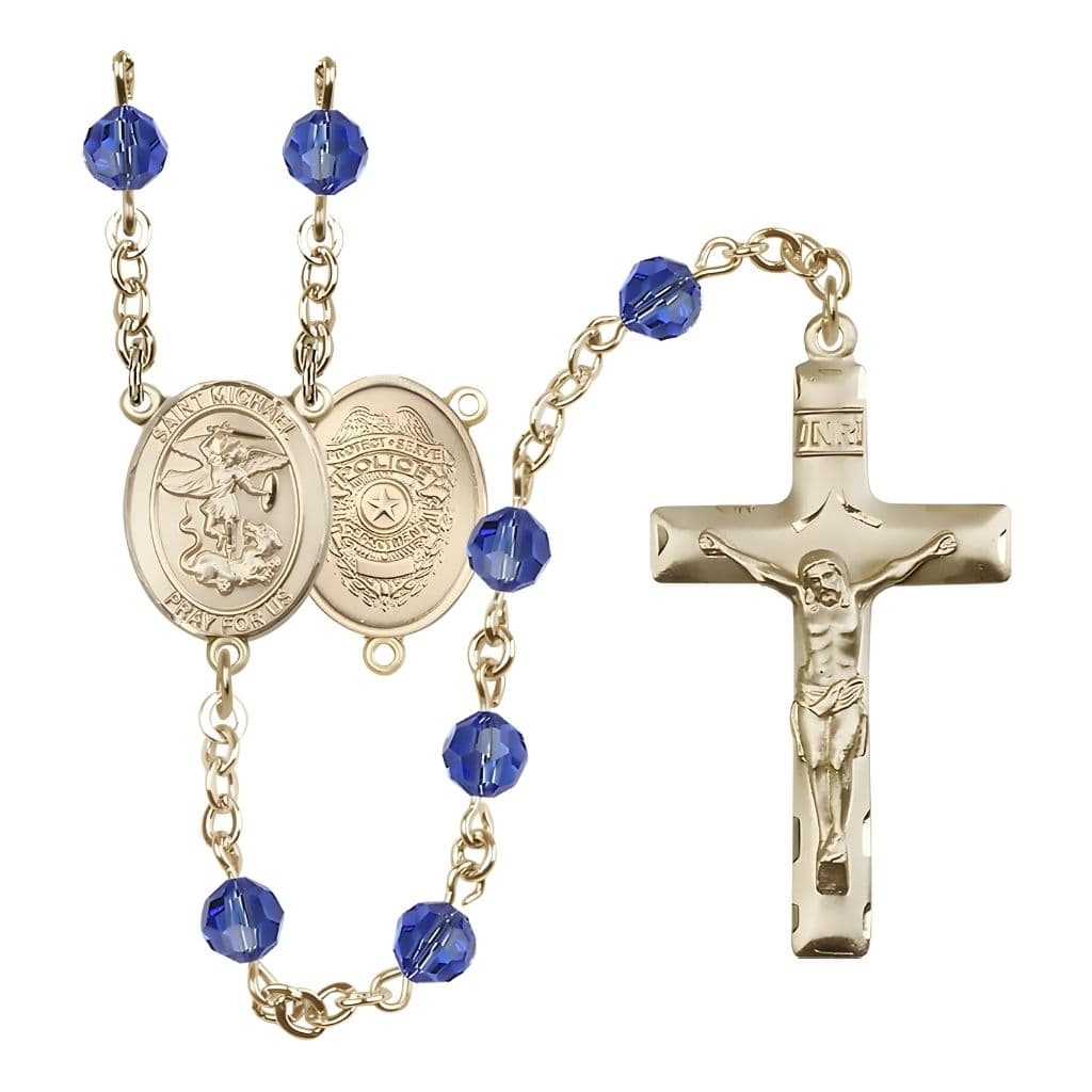 Bliss St. Michael with Police Officers Shield Birthstone 14kt Gold Rosary with Sapphire 6mm Austrian Crystal Beads with a Traditional Crucifix