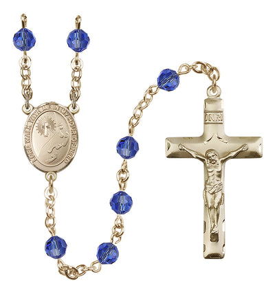 Footprints 14kt Gold 6mm Austrian Crystal Rosary with Sappire Beads in Sapphire, Bliss Manufacturing
