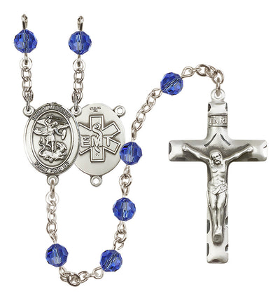EMT Sterling Silver 6mm Sapphire Austrian Crystal beads with a traditional crucifix rosary and St. Michael centerpiece with EMT symbol on back, Bliss Manufacturing